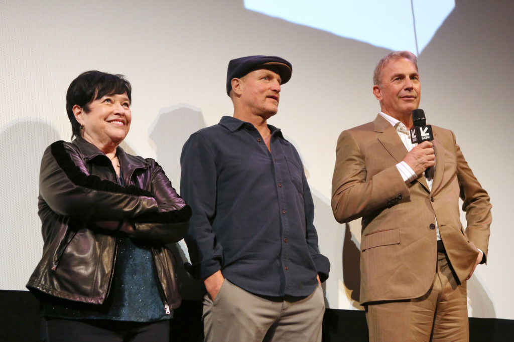 Kathy Bates, Woody Harrelson and Kevin Costner onstage at "The Highwaymen" premiere.  (Photo by Travis P Ball/Getty Images for SXSW)