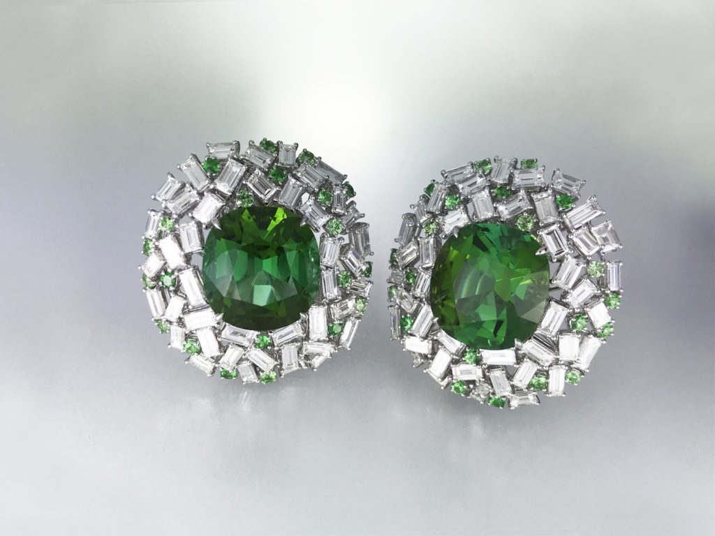 Margot McKinney tourmaline earrings surrounded by diamond baguettes.