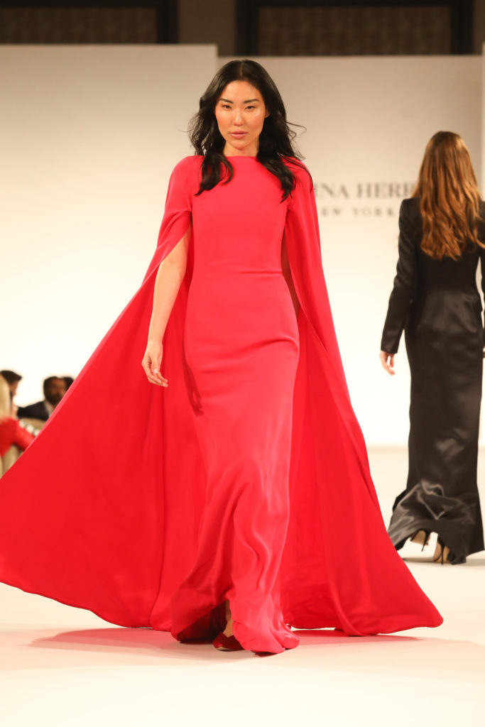 Carolina Herrera red evening gown with cape. (Photo by Priscilla Dickson Photography)