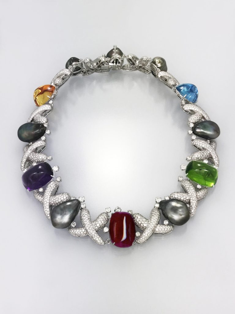 The 'Tahitian Kiss' necklace features cabochon tourmalines, amethysts, rubellites and diamonds. 