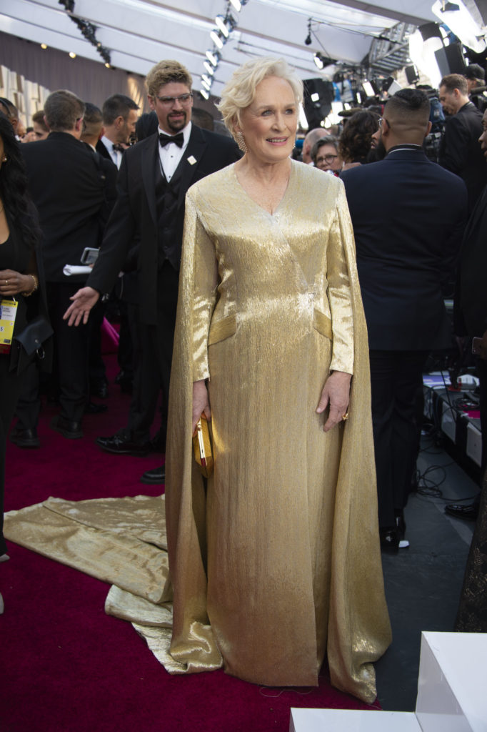 Glenn Close stood out at the Oscars in a gown with 4 million gold beads designed by Carolina Herrera creative director Wes Gordon. (ABC/Eric McCandless) 