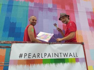 Sebastien “Mr. D” Boileau (right) and a French street-art colleague on the final day of creating “Pearl Paint Wall” (Photo by the author)