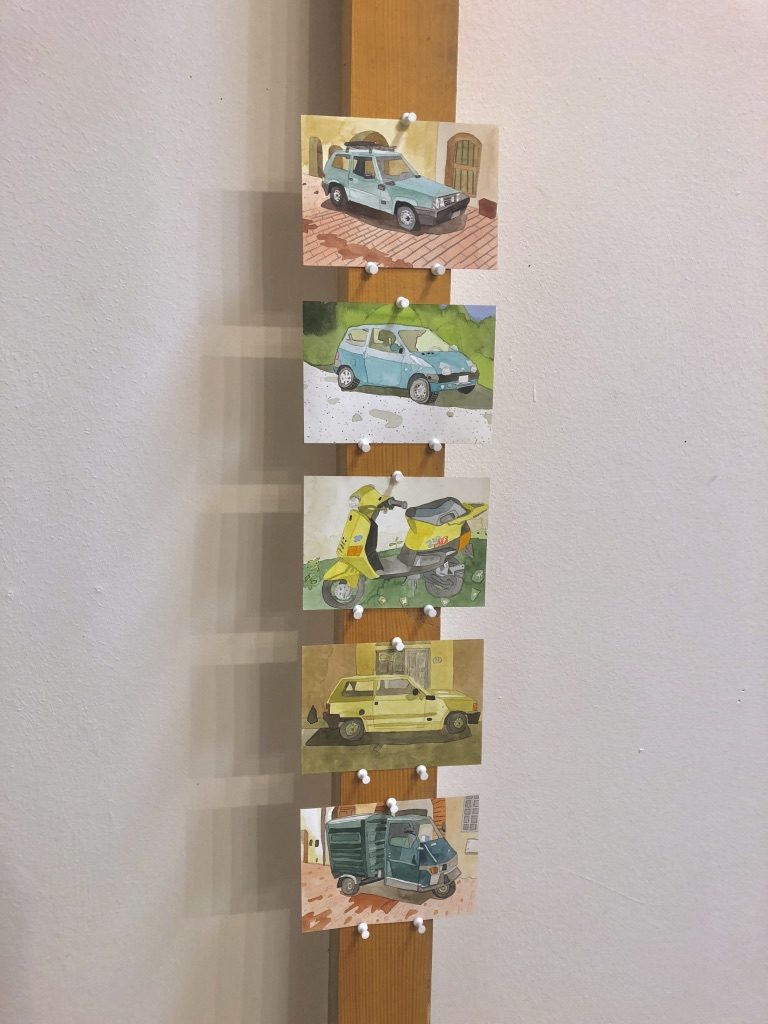 Five vehicle-themed watercolors by Bradley Kerl painted during his 2018 residency at Villa Lena (Photo by Bradley Kerl)