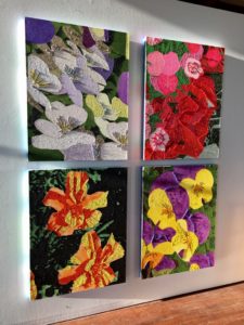A series of completed canvases — all inspired by nature — painted by the Houston-based author while a resident at 100 West in 2017. (Photo by Bradley Kerl)