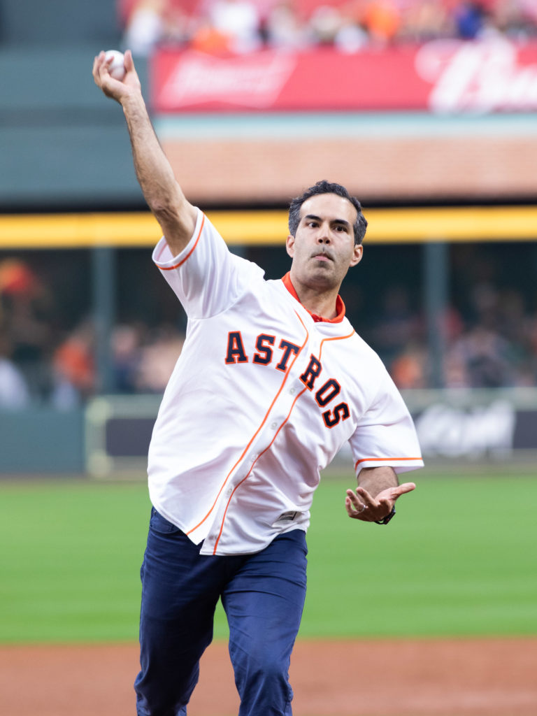 George H.W. Bush and Barbara Bush's grandson, George P. Bush, threw out the first pitch. (Photo by F. Carter Smith)
