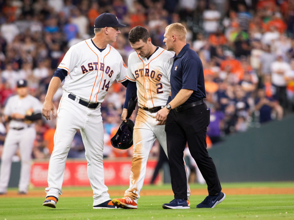 Alex Bregman left the game with a right leg injury. (Photo by F. Carter Smith)