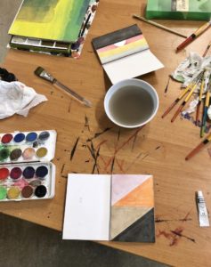 The author’s desk at Villa Lena with works in progress and tools of the trade. (Photo by Bradley Kerl)