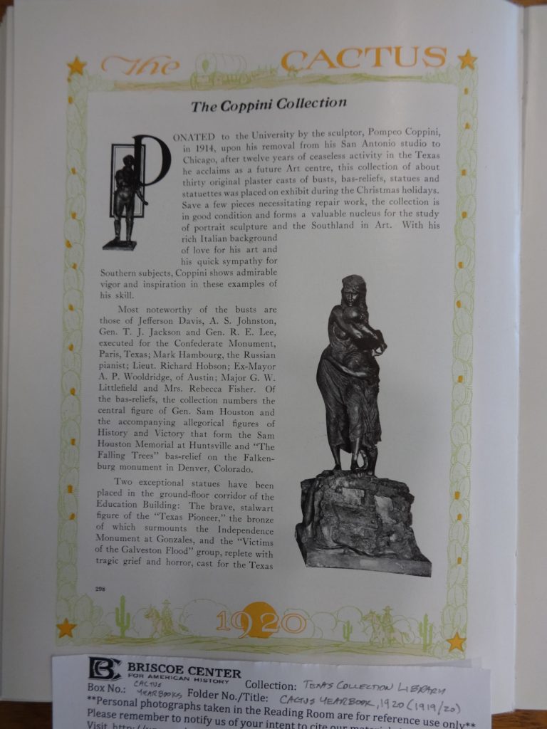 A page from The University of Texas student yearbook, Cactus, 1920, heralding The Coppini Collection.