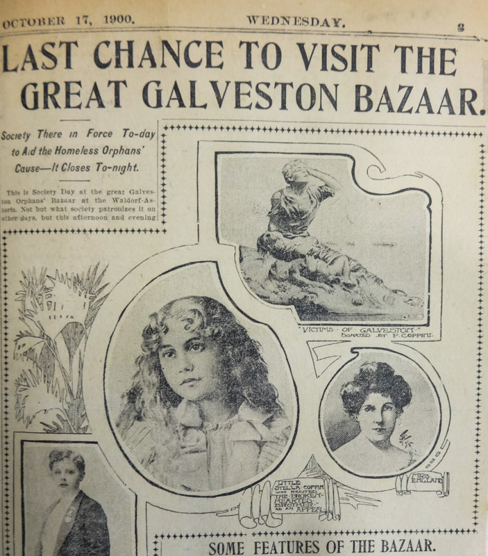 "The New York Times," October 17, 1900, shows the first version of Coppini's "Victims" monument. William Randolph Hearst organized the Great Galveston Bazaar in Manhattan that month to raise money for children left orphaned by the storm. Coppini's sculpture donation raised $500, a grand sum a century ago. Most importantly, his interest in the cause and interaction with Texans at the benefit held at the Waldorf-Astoria would lead him to move to Texas, and embark upon a notable half-century career from his home and studio in San Antonio. (Courtesy Coppini-Tauch Papers, Briscoe Center for American History, The University of Texas at Austin)