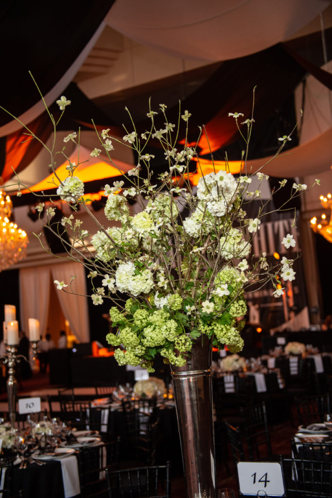 Bergner & Johnson employed 600 years of black and white silk for tented  effect at the Society for the Performing Arts Black & White Ball at Wortham Theater Center. (Photo by Wilson Parish)