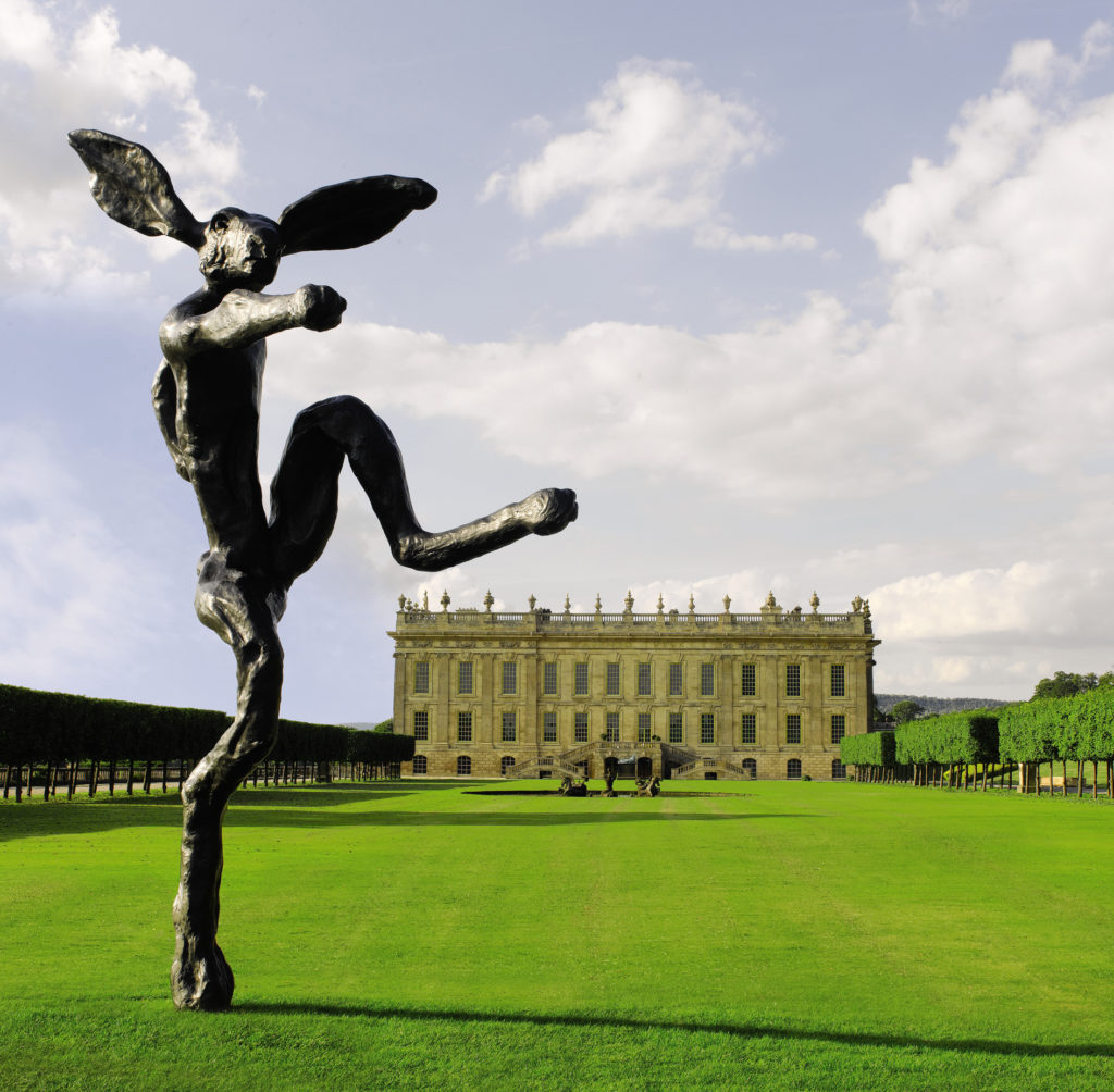 Barry Flanagan’s “Nijinski Hare,” as installed in 2012 on the great lawn of Chatsworth House, England, was a defining moment for rabbits in contemporary art. (Courtesy of Sotheby’s)