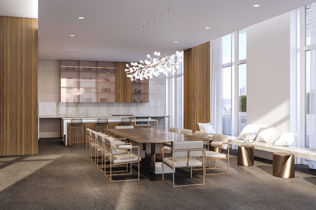 La Colombe d'Or Hotel & Residences' amenities level includes a full showcase kitchen and dining space.