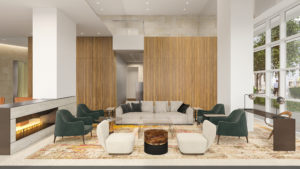 La Colombe d’Or Hotel & Residences Lobby level Fireplace and Seating Area; Rendering Courtesy of Rottet Studio