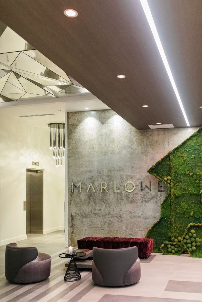 The swank contemporary lobby of The Marlowe, downtown Houston luxury condo. (Photo by Rachel Stubbe Photography)