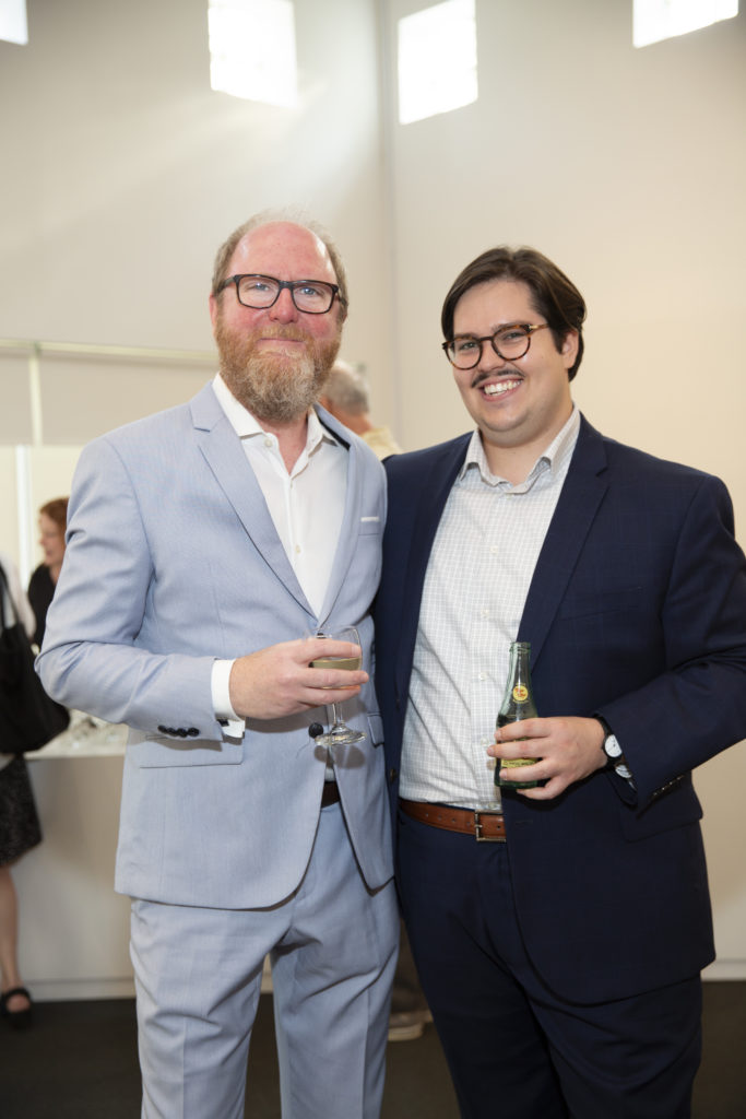 Eric Jarvis, Brandon Zech at Glasstire Party for Rainey Knudson at Texas Gallery. (Photo by Jenny Antill Clifton)