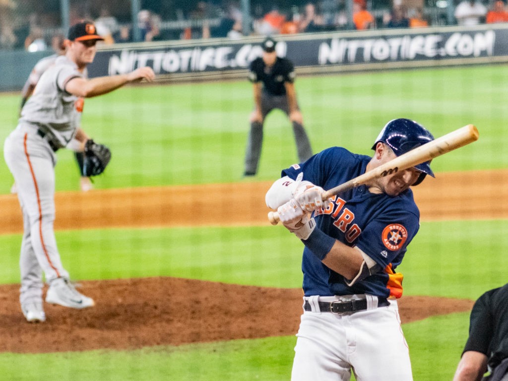 Houston Astros all-star Alex Bregman got hit with a pitch, but  Yordan Alvarez grabbed the spotlight. (Photo by F. Carter Smith)