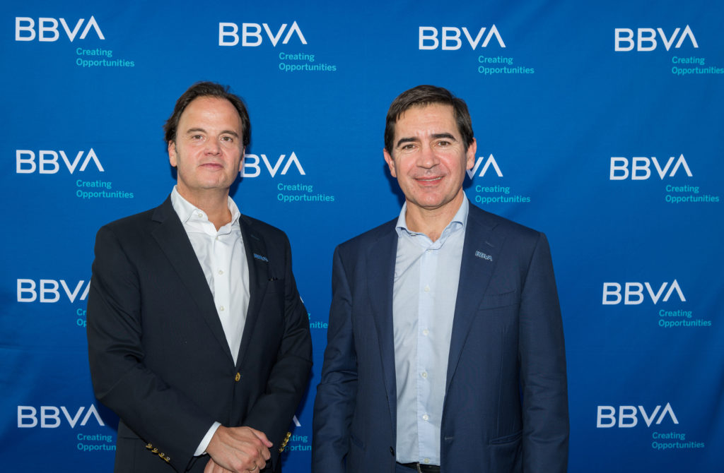 Javier Rodriguez Soler, Carlos Torres Vila at the BBVA rebranding event at the Glassell School of Art. (Photo by Wilf Thorne)