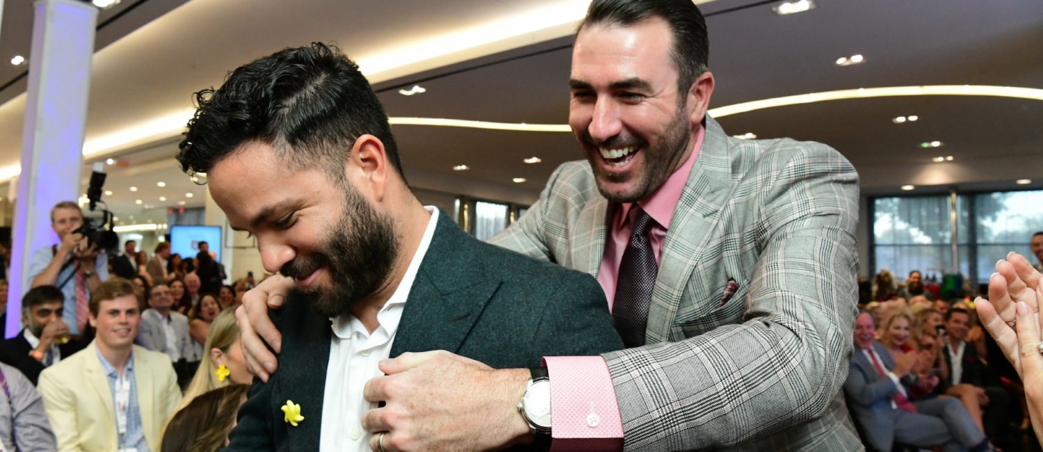 José Altuve gets a bear hug from Justin Verlander
