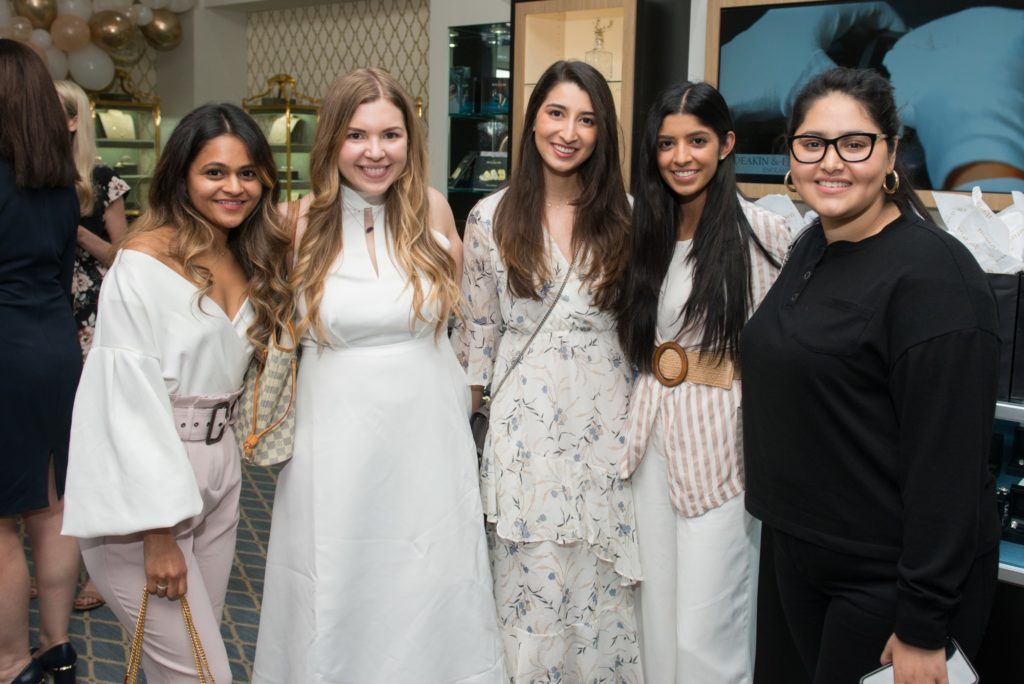 Alisha Dhuka, Jillian Goltzman, Madiha Jamil, Samija Jafri, Sara Aziz at the Deutsch Houston Belles and Baubles happy hour. (Photo by Jacob Power)