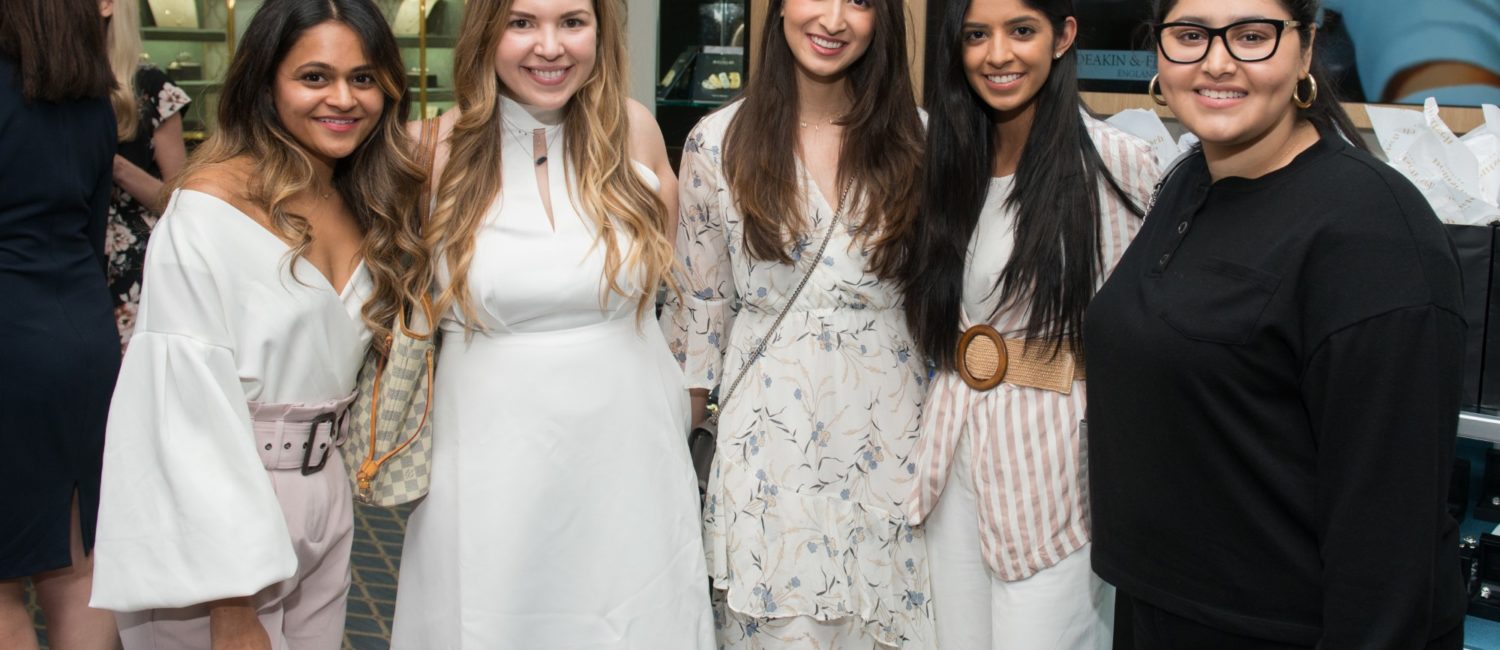 Alisha Dhuka, Jillian Goltzman, Madiha Jamil, Samija Jafri, Sara Aziz at the Deutsch Houston Belles and Baubles happy hour. (Photo by Jacob Power)