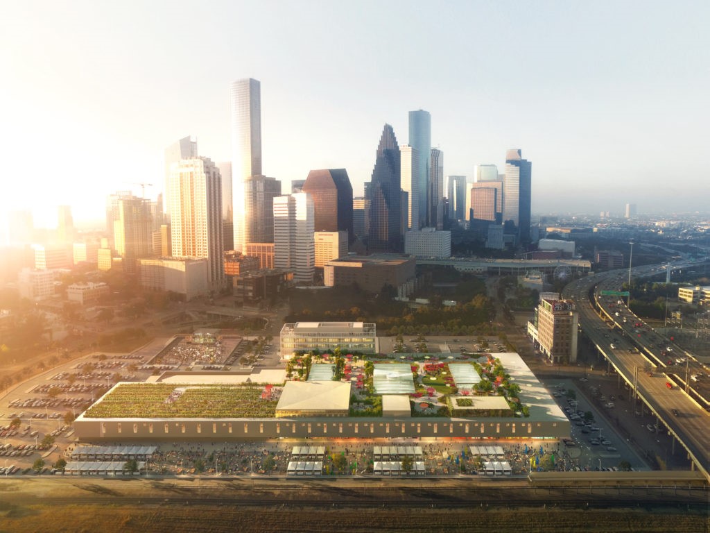 OMA aerial rendering of the POST Houston project.