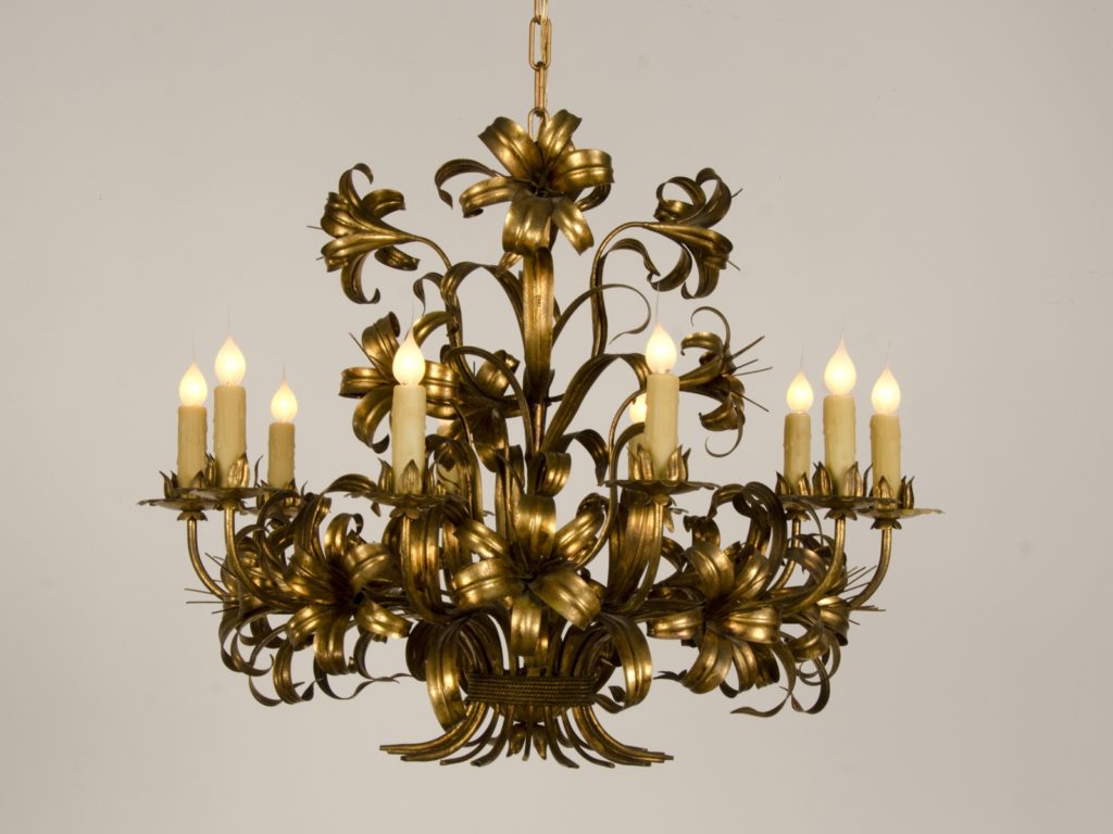 Large Vintage French Gilded Iron Flower Chandelier Circa 1940