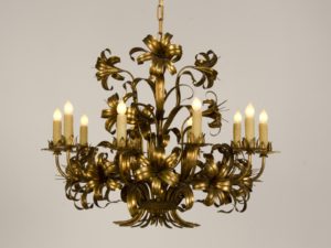 Large Vintage French Gilded Iron Flower Chandelier Circa 1940