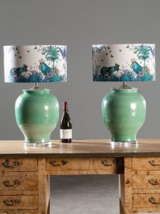 Pair Handmade Turquoise Ceramic Vases Lamps Custom Shades