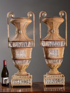 Pair Stunning Vintage Italian Hand Beaded Crystal Urn Lamps Circa 1930
