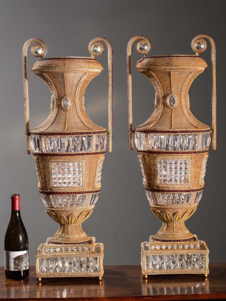 Pair Stunning Vintage Italian Hand Beaded Crystal Urn Lamps Circa 1930