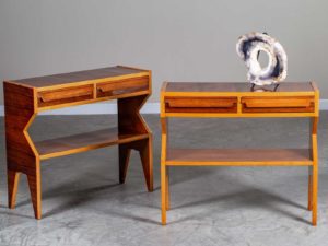 Pair Vintage Modern Italian Walnut And Maple Console Server Tables Circa 1960