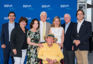 Carlos Torres Vila, Lynne Hudson, Cornelia Long, Joe Hudson, Meredith Long (seated), Nancy Kinder, Rich Kinder, Javier Rodriguez Soler, at the opening of the new Glassell School of Art, May 2018. The Longs both served on the MFAH board, and were also stalwart supporters of the Glassell School of Art and its signature Core Program. (Photo by Wilf Thorne)