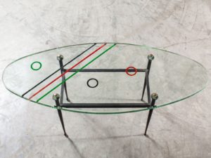 Vintage Italian Painted Glass Oval Iron Base Coffee Table Circa 1960