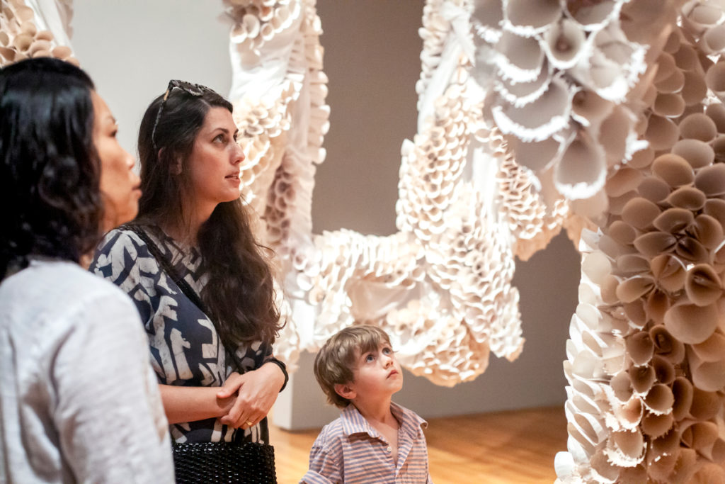 Museum-goers take in work by Abhidnya Ghuge at the opening reception for Asia Society Texas Center's "Site Lines: Artists Working in Texas." (Courtesy Asia Society Texas Center)