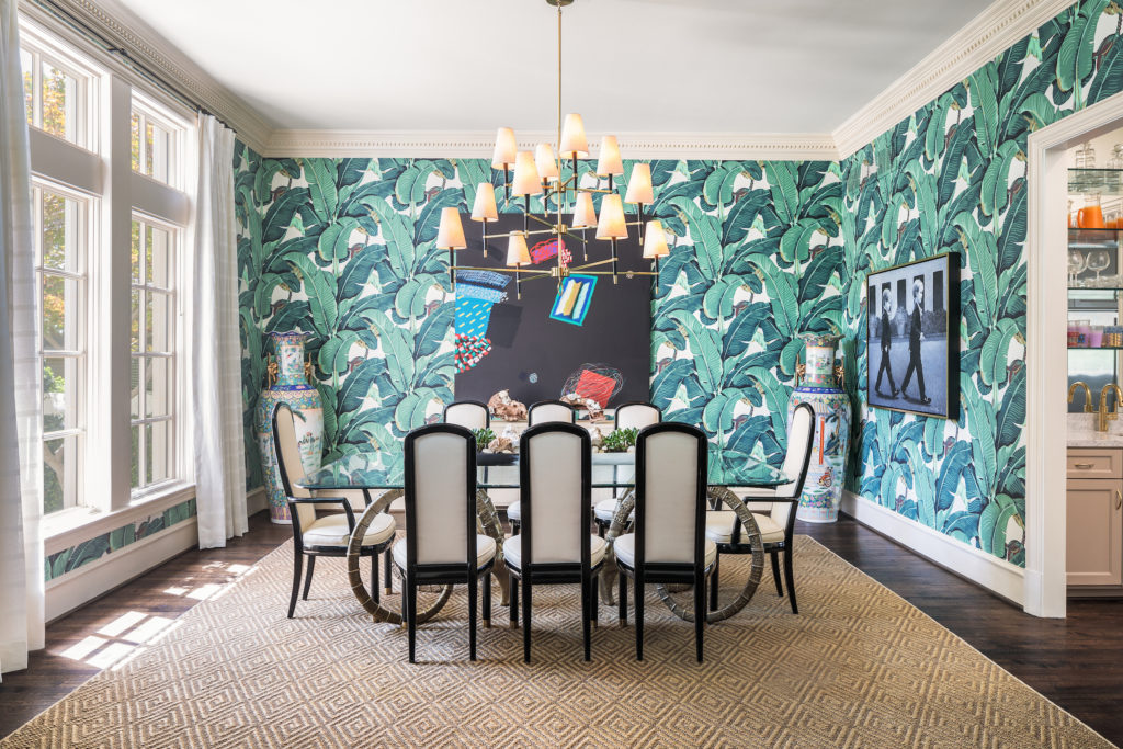 The dining room has the same wallpaper as the Beverly Hills Hotel.