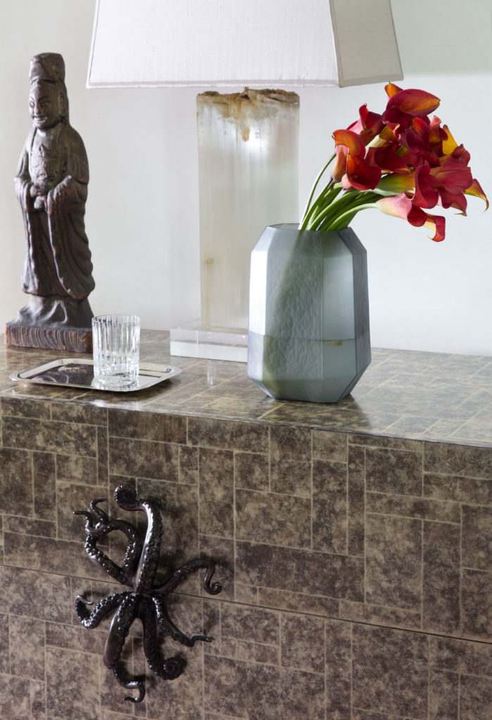 Master bedroom night table by Alexander Lamont. Selenite lamp. (Photo by Emily Minton Redfield)