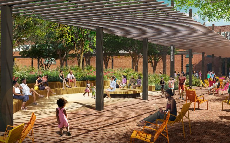 A rendering of the new park shows covered shady areas. 
