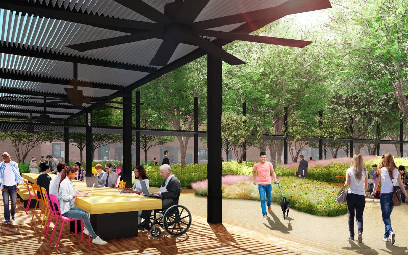 There will be a 50-foot-long table and Wi-Fi at West End Park for outdoor working. (Courtesy of Parks for Downtown Dallas)