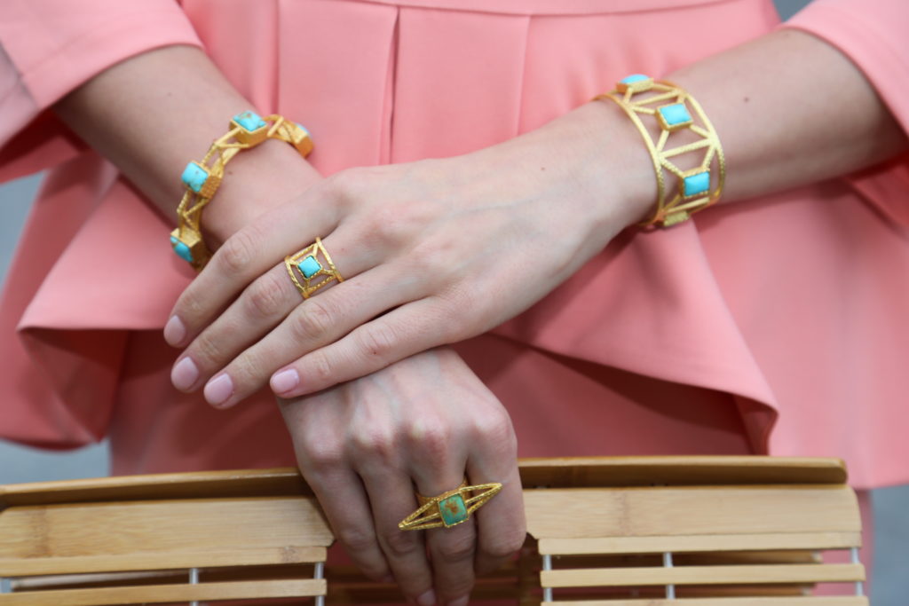 Kingman turquoise adds a pop of color to the Christina Greene Geometric collection. (Photo by Kristen Eide)