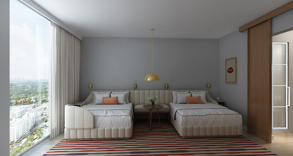 The Lounge space of the chamber includes the brand's ergonomically designed bed. Courtesy of Virgin Hotels