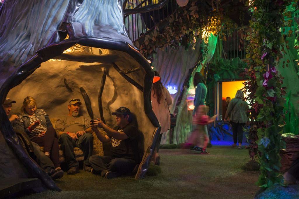 Take a rest or a selfie in the base of the massive tree trunk at Meow Wolf Santa Fe. (Photo by Kate Russell, Courtesy of Meow Wolf)