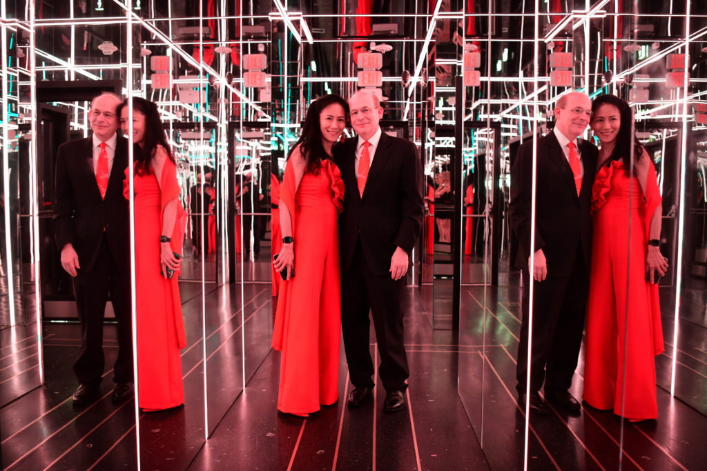 Y. Ping Sun & David Leebron in MAD's hall of mirrors (Photo by Daniel Ortiz)