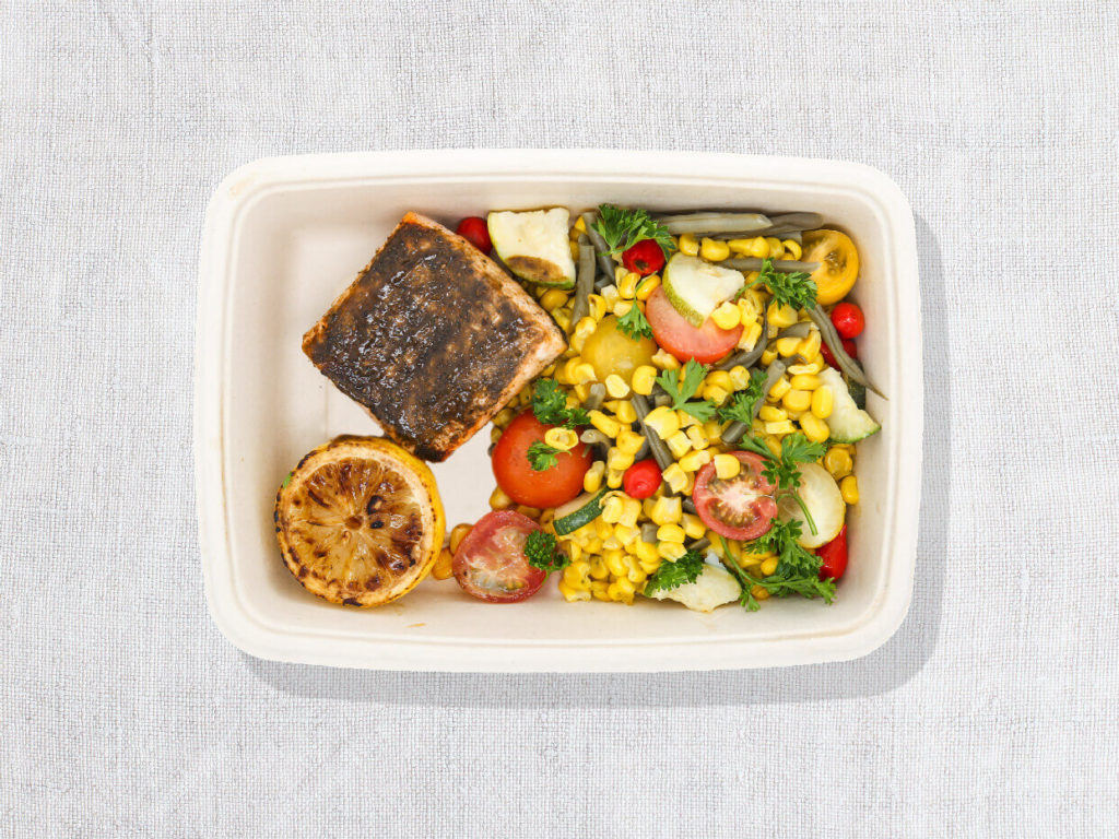 The roasted salmon & veggies includes a basil pesto.