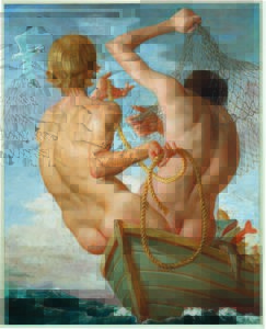 John Currin’s “Fishermen,” 2002, at Dallas Contemporary. (© John Currin. Photo: Rob McKeever. Courtesy Gagosian.)