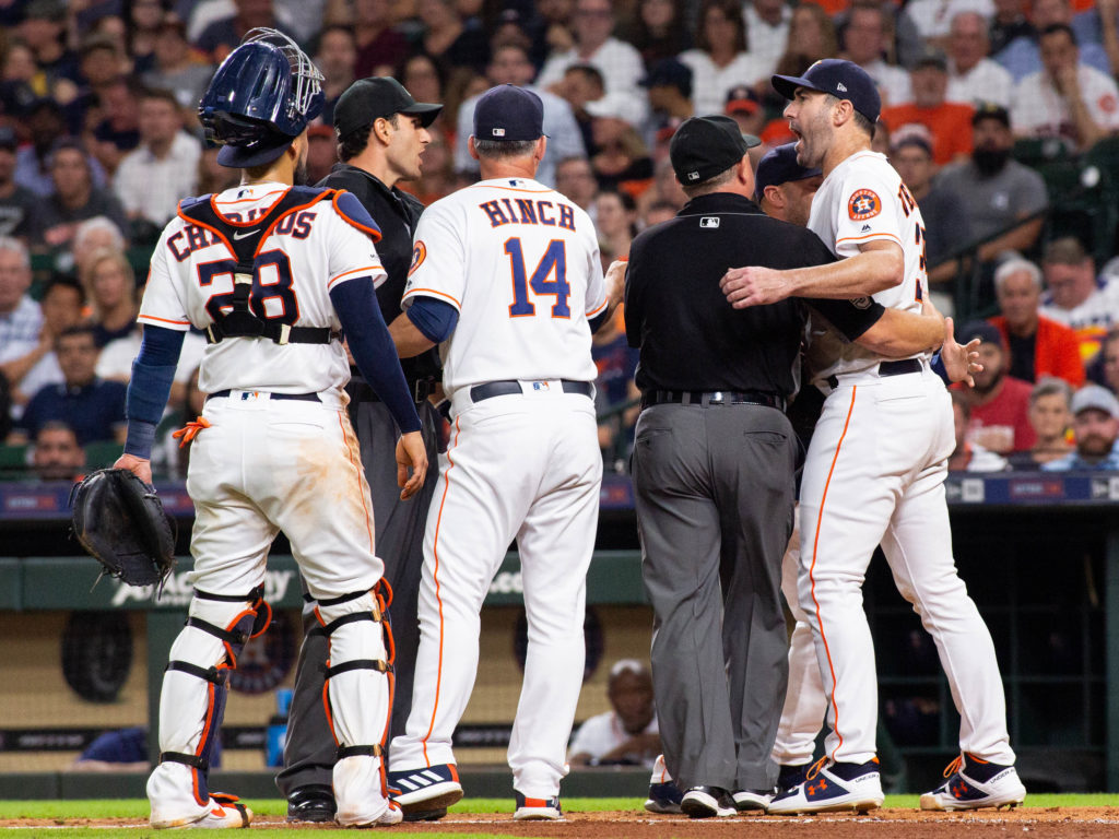 Justin Verlander and umpire Pat Hoberg weren't seeing eye to eye. (Photo by F. Carter Smith)
