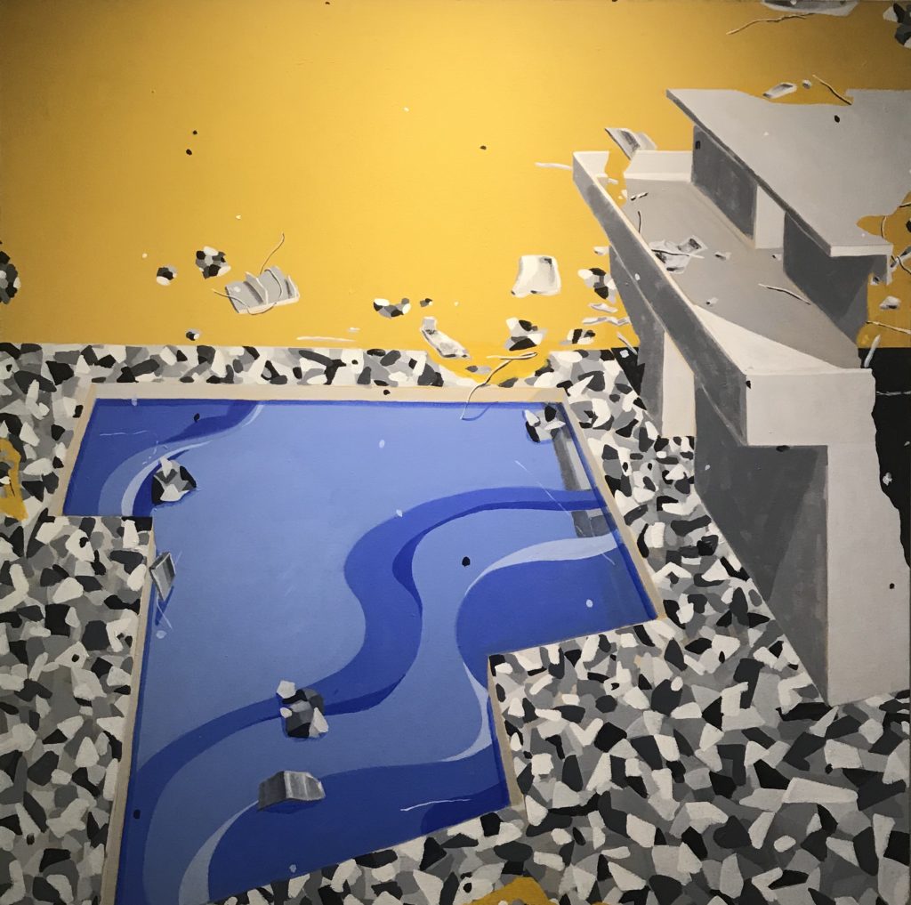 A classic canvas from Perry House's "Happyville Series," "7-22-08," predicts the American housing crisis that would ensue later that year. Black-and-white ink paintings from this series are on view now at Tootsies through November 30, 2019. (Photo courtesy Deborah Colton Gallery)  