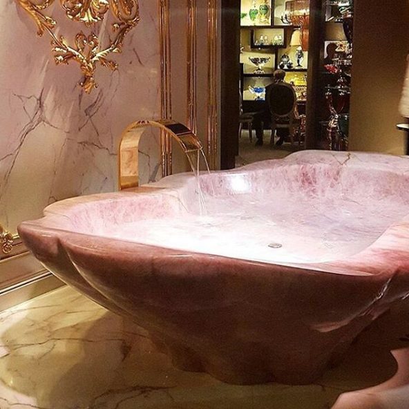 The rose quartz is sourced from the Amazon rainforest and sent to Italy for carving and sanding. Baldi Home Jewels is based in Florence.