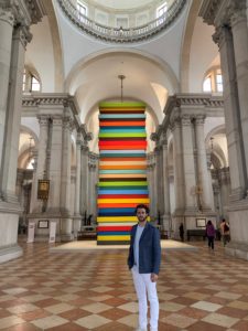 Texas artist Justin Garcia in front of his favorite installation during the Venice Biennale 2019: a Sean Scully site-specific sculpture inside the dell’Abbazia di San Giorgio Maggiore. (Photo courtesy the artist)