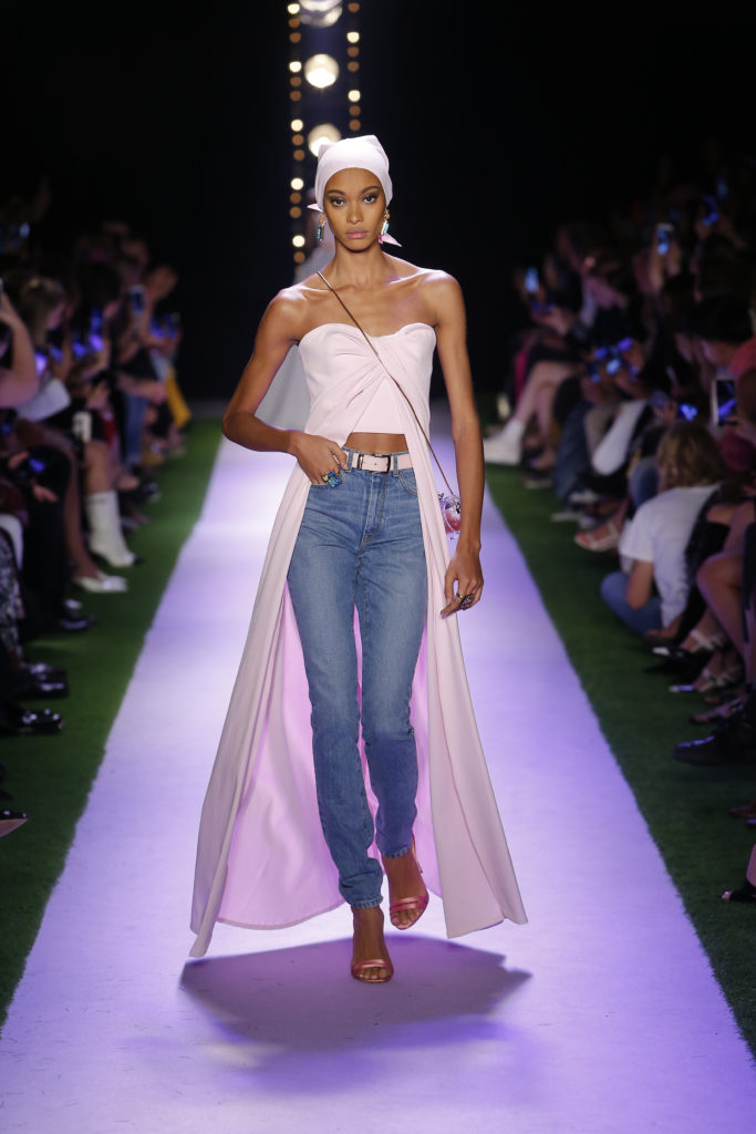 Brandon Maxwell denim jeans, strapless top with flowing train. (Photo courtesy of Brandon Maxwell)