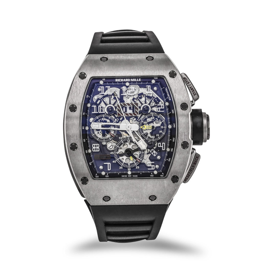 Richard Mille Titanium Felipe Massa Annual Calendar Chronograph with a rubber strap and titanium buckle.